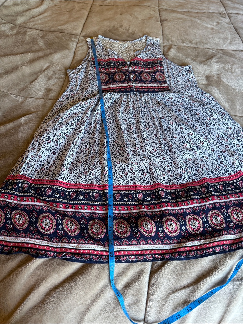 Umgee White Floral Print Mini Dress with Navy and Red Accents - Picture 6 of 10